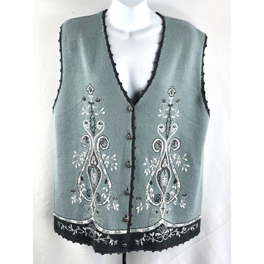 Vintage Sweater Vest M Blue Crochet Trim Beads Embroidered Grandma Cottage Retro
